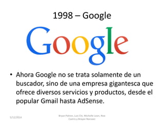 1998 – Google
• Ahora Google no se trata solamente de un
buscador, sino de una empresa gigantesca que
ofrece diversos servicios y productos, desde el
popular Gmail hasta AdSense.
5/12/2014
Bryan Patron, Luis Chi, Michelle Leon, Noe
Castro y Brayan Narvaez
 