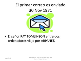 El primer correo es enviado
30 Nov 1971
• El señor RAY TOMLINSON entre dos
ordenadores viajo por ARPANET.
5/12/2014
Bryan Patron, Luis Chi, Michelle Leon, Noe
Castro y Brayan Narvaez
 