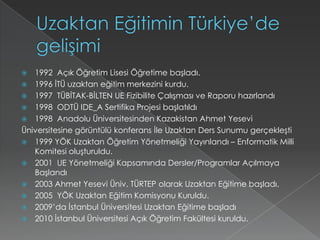Uzaktan Eğitimin Türkiye’de gelişimi1992 Açık Öğretim Lisesi Öğretime başladı.1996 İTÜ uzaktan eğitim merkezini kurdu.1997 TÜBİTAK-BİLTEN UE Fizibilite Çalışması ve Raporuhazırlandı1998 ODTÜ IDE_A SertifikaProjesibaşlatıldı1998 Anadolu Üniversitesinden Kazakistan Ahmet YeseviÜniversitesine görüntülü konferansİleUzaktan Ders Sunumu gerçekleşti1999 YÖK Uzaktan Öğretim YönetmeliğiYayınlandı – Enformatik Milli Komitesioluşturuldu.2001  UE Yönetmeliği Kapsamında Dersler/ProgramlarAçılmayaBaşlandı2003 Ahmet YeseviÜniv. TÜRTEP olarak Uzaktan Eğitime başladı.2005  YÖK Uzaktan Eğitim Komisyonu Kuruldu.2009’da İstanbul Üniversitesi Uzaktan Eğitime başladı2010 İstanbul Üniversitesi Açık Öğretim Fakültesi kuruldu.