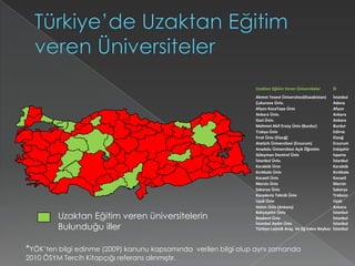 Türkiye’de Uzaktan Eğitim veren ÜniversitelerUzaktan Eğitim veren üniversitelerin Bulunduğu iller*YÖK’ten bilgi edinme (2009) kanunu kapsamında  verilen bilgi olup aynı zamanda 2010 ÖSYM Tercih Kitapçığı referans alınmıştır.