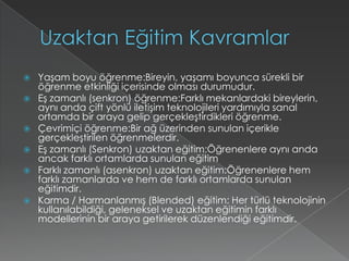 Uzaktan Eğitim KavramlarYaşam boyu öğrenme:Bireyin, yaşamı boyunca sürekli bir öğrenme etkinliği içerisinde olması durumudur.Eş zamanlı (senkron) öğrenme:Farklı mekanlardaki bireylerin, aynı anda çift yönlü iletişim teknolojileri yardımıyla sanal ortamda bir araya gelip gerçekleştirdikleri öğrenme.Çevrimiçi öğrenme:Bir ağ üzerinden sunulan içerikle gerçekleştirilen öğrenmelerdir.  Eş zamanlı (Senkron) uzaktan eğitim:Öğrenenlere aynı anda ancak farklı ortamlarda sunulan eğitimFarklı zamanlı (asenkron) uzaktan eğitim:Öğrenenlere hem farklı zamanlarda ve hem de farklı ortamlarda sunulan eğitimdir.Karma / Harmanlanmış (Blended) eğitim: Her türlü teknolojinin kullanılabildiği, geleneksel ve uzaktan eğitimin farklı modellerinin bir araya getirilerek düzenlendiği eğitimdir.