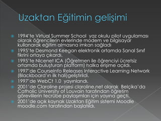 Uzaktan Eğitimin gelişimi1994’te VirtualSummerSchool  yaz okulu pilot uygulaması olarak öğrencilerin evlerinde modem ve bilgisayar kullanarak eğitim almasına imkan sağladı1995’te DesmondKeegan elektronik ortamda Sanal Sınıf fikrini ortaya çıkardı.1995’te NIcenet ICA (Öğretmen ile öğrenciyi ücretsiz ortamda buluşturan platform) halka erişime açıldı.1997’de CourseInfo Releases Interactive Learning Network   (Blackboard’ın ilk hali)geliştirildi.1997’de WebCt 1.0  yayınlandı.2001’de Claroline projesi claroline.net olarak  Belçika’da CatholicUniversity of Louvain tarafından öğretim görevlilerin tecrübe paylaşımları için yayına geçti.2001’de açık kaynak Uzaktan Eğitim sistemi Moodlemoodle.com tarafından başlatıldı.