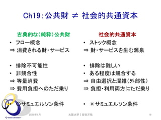 Ch19：公共財 ≠ 社会的共通資本
古典的な（純粋）公共財
• フロー概念
⇒ 消費される財・サービス
• 排除不可能性
• 非競合性
⇒ 等量消費
⇒ 費用負担へのただ乗り
• 〇サミュエルソン条件
社会的共通資本
• ストック概念
⇒ 財・サービスを生む源泉
• 排除は難しい
• ある程度は競合する
⇒ 自由選択と混雑（外部性）
⇒ 負担・利用両方にただ乗り
• ×サミュエルソン条件
2020年1月 大阪大学｜安田洋祐 19
 
