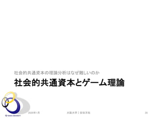 社会的共通資本とゲーム理論
社会的共通資本の理論分析はなぜ難しいのか
2020年1月 大阪大学｜安田洋祐 28
 