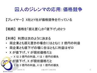 囚人のジレンマの応用：価格競争
2020年1月 大阪大学｜安田洋祐 41
【プレイヤー】 X社とY社が価格競争を行っている
【戦略】 価格を「据え置く」か「値下げ」の2つ
【利得】 利潤は次のように決まる
• 両企業とも据え置きの場合にはともに 2 億円の利益
• 両企業とも値下げの場に合はともに利益はゼロ
• X が値下げ、Y が現状価格だと
– X は 3 億円の利益、Y は 1 億円の損失
• Y が値下げ、X が現状価格だと
– Y は 3 億円の利益、X は 1 億円の損失
 