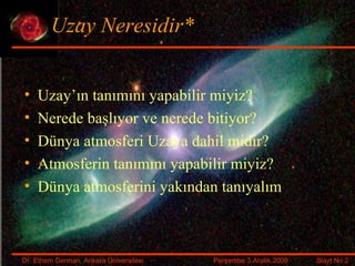 Uzay Neresidir*  Uzay’ın tanımını yapabilir miyiz? Nerede başlıyor ve nerede bitiyor? Dünya atmosferi Uzaya dahil midir? Atmosferin tanımını yapabilir miyiz? Dünya atmosferini yakından tanıyalım 