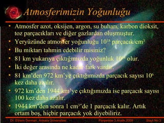 Atmosferimizin Yoğunluğu Atmosfer azot, oksijen, argon, su buharı, karbon dioksit, toz parçacıkları ve diğer gazlardan oluşmuştur. Yeryüzünde atmosfer yoğunluğu 10 18  parçacık/cm 3 Bu miktarı tahmin edebilir misiniz? 81 km yukarıya çıktığımızda yoğunluk 10 14  olur. İki değer arasında ne kadar fark vardır. 81 km’den 972 km’ye çıktığımızda parçacık sayısı 10 6  kez daha azalır. 972 km’den 1944 km’ye çıktığımızda ise parçacık sayısı 100 kez daha azalır. 1944 km’den sonra 1 cm 3 ’de 1 parçacık kalır. Artık ortam boş, hiçbir parçacık yok diyebiliriz. 