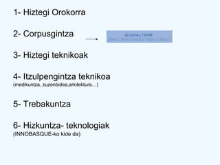 1- Hiztegi Orokorra 2- Corpusgintza  3- Hiztegi teknikoak 4- Itzulpengintza teknikoa  (medikuntza, zuzenbidea,arkitektura…) 5- Trebakuntza 6- Hizkuntza- teknologiak  (INNOBASQUE-ko kide da) 