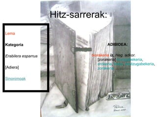 Hitz-sarrerak: Lema Kategoria Erabilera esparrua [Adiera] Sinonimoak ADIBIDEA: txorakeria   iz.   Heg.   adkor. [zorakeria]  burugabekeria ,  erokeria ,  kiska ,  zentzugabekeria ,  zorakeria   