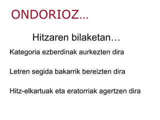 Hitzaren bilaketan… Kategoria ezberdinak aurkezten dira Letren segida bakarrik bereizten dira  Hitz-elkartuak eta eratorriak agertzen dira ONDORIOZ… 