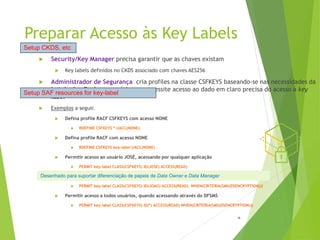 Preparar Acesso às Key Labels
16
 Security/Key Manager precisa garantir que as chaves existam
 Key labels definidos no CKDS associado com chaves AES256
 Administrador de Segurança cria profiles na classe CSFKEYS baseando-se nas necessidades da
instalação. Qualquer usuário que necessite acesso ao dado em claro precisa do acesso à key
label
 Exemplos a seguir.
 Defina profile RACF CSFKEYS com acesso NONE
 RDEFINE CSFKEYS * UACC(NONE)
 Defina profile RACF com acesso NONE
 RDEFINE CSFKEYS key-label UACC(NONE)
 Permitir acesso ao usuário JOSÉ, acessando por qualquer aplicação
 PERMIT key-label CLASS(CSFKEYS) ID(JOSE) ACCESS(READ)
 Permitir acesso ao usuário JOÃO, somente através do DFSMS
 PERMIT key-label CLASS(CSFKEYS) ID(JOAO) ACCESS(READ) WHEN(CRITERIA(SMS(DSENCRYPTION)))
 Permitir acesso a todos usuários, quando acessando através do DFSMS
 PERMIT key-label CLASS(CSFKEYS) ID(*) ACCESS(READ) WHEN(CRITERIA(SMS(DSENCRYPTION)))
Setup CKDS, etc
Setup SAF resources for key-label
Desenhado para suportar diferenciação de papeis de Data Owner e Data Manager
 