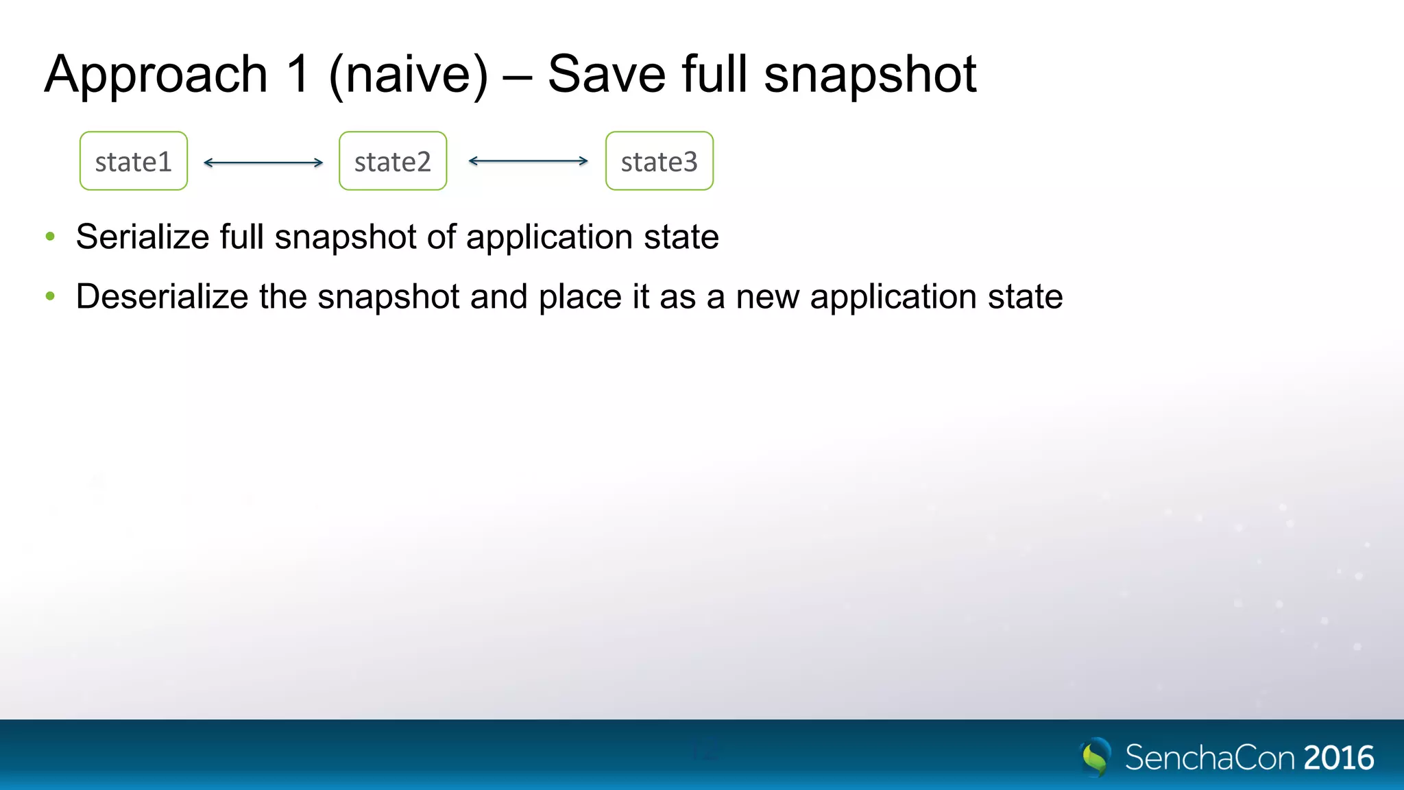 Approach 1 (naive) – Save full snapshot
• Serialize full snapshot of application state
• Deserialize the snapshot and place it as a new application state
12
state1 state2 state3
 