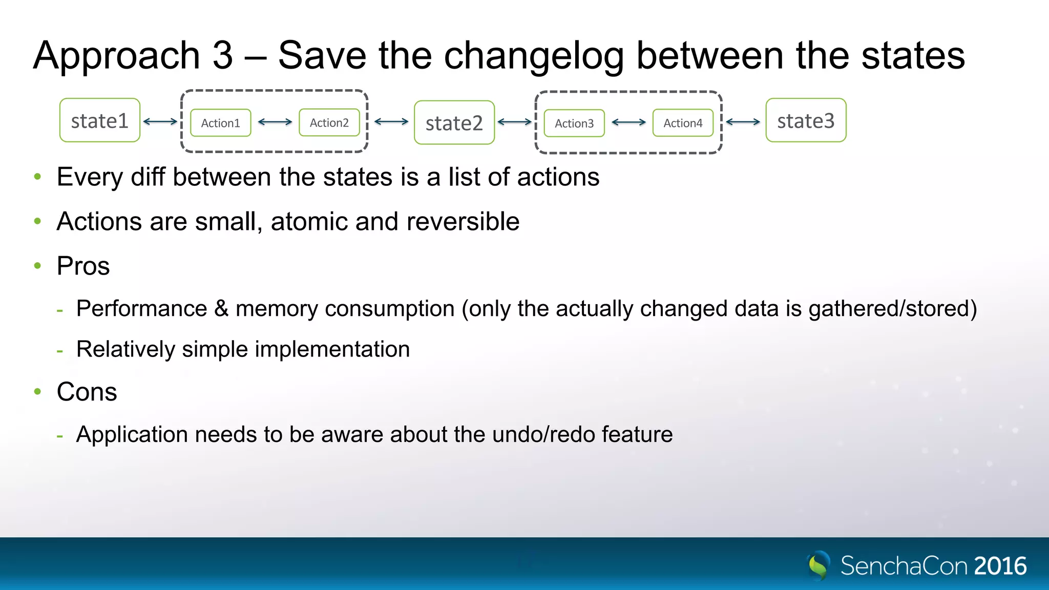 Approach 3 – Save the changelog between the states
• Every diff between the states is a list of actions
• Actions are small, atomic and reversible
• Pros
- Performance & memory consumption (only the actually changed data is gathered/stored)
- Relatively simple implementation
• Cons
- Application needs to be aware about the undo/redo feature
17
state1 state2 state3Action1 Action2 Action3 Action4
 