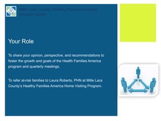 + Mille Lacs County Healthy Families America
Advisory Board
Your Role
To share your opinion, perspective, and recommendations to
foster the growth and goals of the Health Families America
program and quarterly meetings.
To refer at-risk families to Laura Roberts, PHN at Mille Lacs
County’s Healthy Families America Home Visiting Program.
 