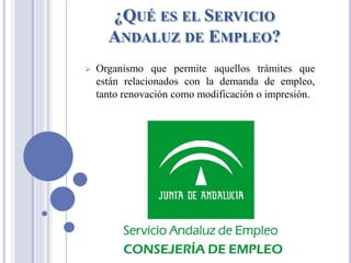 ¿QUÉ ES EL SERVICIO
ANDALUZ DE EMPLEO?
➢ Organismo que permite aquellos trámites que
están relacionados con la demanda de empleo,
tanto renovación como modificación o impresión.
 