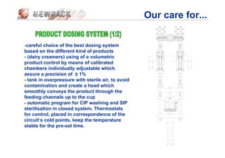 Our care for...
-careful choice of the best dosing system
based on the different kind of products
- (dairy creamers) using of a volumetric
product control by means of calibrated
chambers individually adjustable which
assure a precision of ± 1%
- tank in overpressure with sterile air, to avoid
contamination and create a head which
smoothly conveys the product through the
feeding channels up to the cup
- automatic program for CIP washing and SIP
sterilisation in closed system. Thermostats
for control, placed in correspondence of the
circuit’s cold points, keep the temperature
stable for the pre-set time.
 