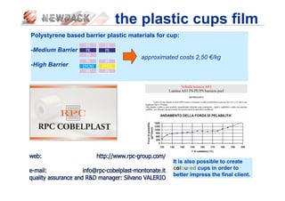 the plastic cups film
Polystyrene based barrier plastic materials for cup:
-Medium Barrier
approximated costs 2,50 €/kg
-High Barrier
It is also possible to create
coloured cups in order to
better impress the final client.
 