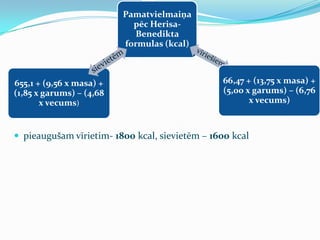 Pamatvielmaiņa
pēc Herisa-
Benedikta
formulas (kcal)
66,47 + (13,75 x masa) +
(5,00 x garums) – (6,76
x vecums)
655,1 + (9,56 x masa) +
(1,85 x garums) – (4,68
x vecums)
 pieaugušam vīrietim- 1800 kcal, sievietēm – 1600 kcal
 