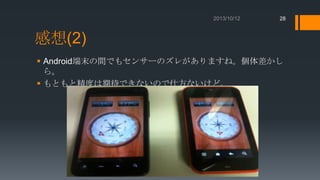 28

感想(2)
 Android端末の間でもセンサーのズレがありますね。個体差かし
ら。
 もともと精度は期待できないので仕方ないけど。

 