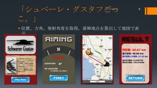 「シュベーレ・グスタフごっ
こ。」

9

 位置、方角、発射角度を取得。着弾地点を算出して地図で表
示

 