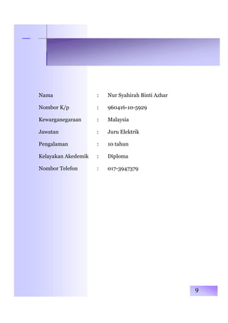 Nama : Nur Syahirah Binti Azhar
Nombor K/p : 960416-10-5929
Kewarganegaraan : Malaysia
Jawatan : Juru Elektrik
Pengalaman : 10 tahun
Kelayakan Akedemik : Diploma
Nombor Telefon : 017-3947379
9
 