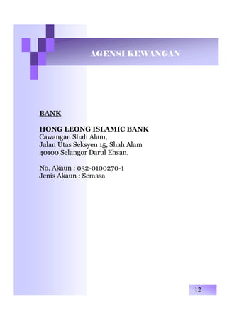 AGENSI KEWANGAN
BANK
HONG LEONG ISLAMIC BANK
Cawangan Shah Alam,
Jalan Utas Seksyen 15, Shah Alam
40100 Selangor Darul Ehsan.
No. Akaun : 032-0100270-1
Jenis Akaun : Semasa
12
 