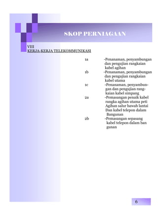 SKOP PERNIAGAAN
VIII
KERJA-KERJA TELEKOMMUNIKASI
1a -Penanaman, penyambungan
dan pengujian rangkaian
kabel agihan
1b -Penanaman, penyambungan
dan pengujian rangkaian
kabel utama
1c -Penanaman, penyambun-
gan dan pengujian rang-
kaian kabel simpang
2a -Pemasangan penaik kabel
rangka agihan utama peti
Agihan salur bawah lantai
Dan kabel telepon dalam
Bangunan
2b -Pemasangan sepasang
kabel telepon dalam ban
gunan
6
 