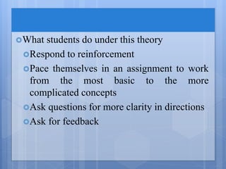 What students do under this theory
Respond to reinforcement
Pace themselves in an assignment to work
from the most basic to the more
complicated concepts
Ask questions for more clarity in directions
Ask for feedback
 