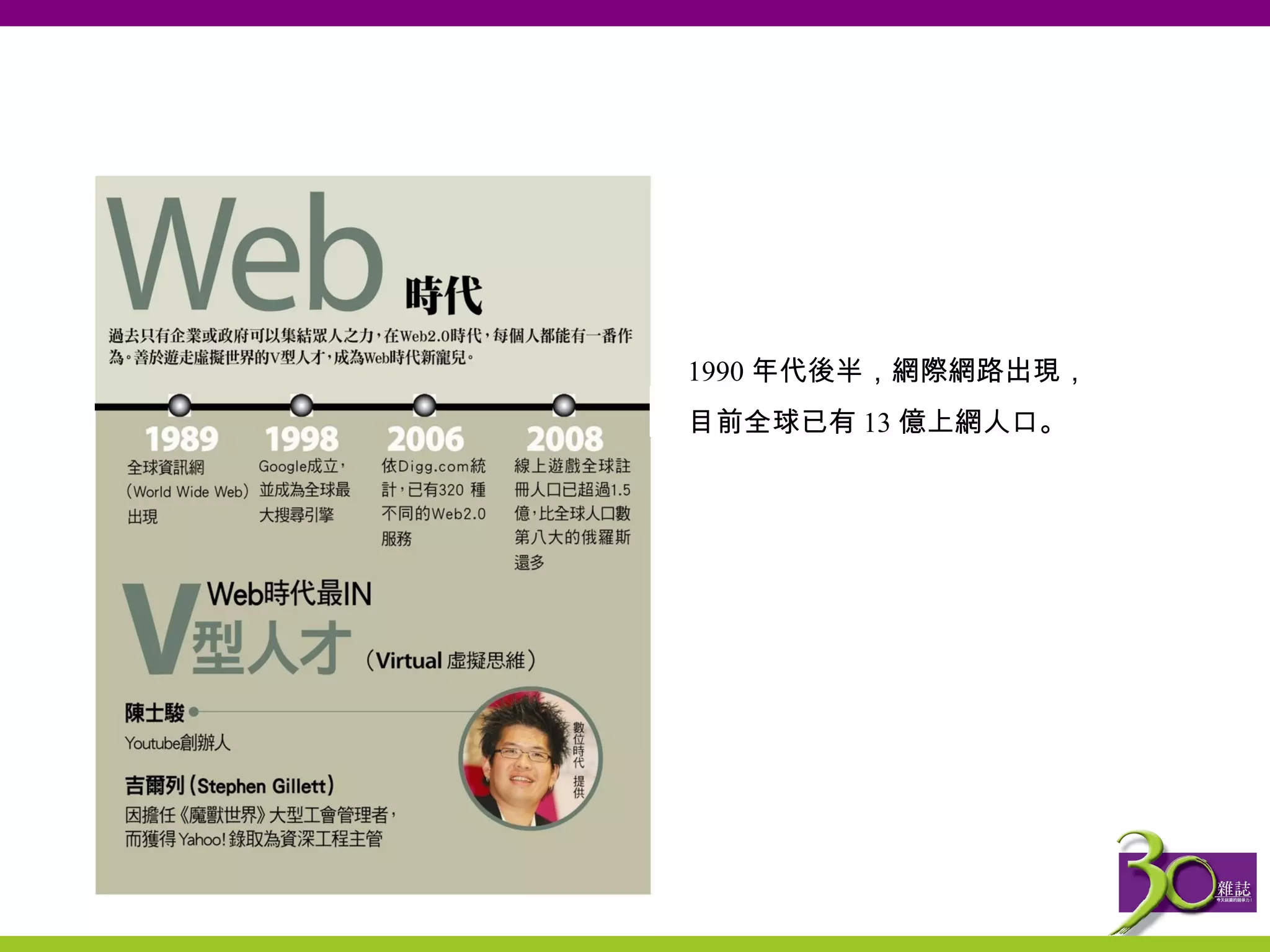1990 年代後半，網際網路出現， 目前全球已有 13 億上網人口。 