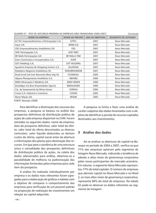 QUADRO 01 - IPOS DE NATUREZA PRIMÁRIA DE EMPRESAS NÃO FINANCEIRAS (2004-2007)                         Conclusão
             NOME DA EMPRESA                  NOME NO PREGÃO     ANO DE ABERTURA      SEGMENTO DE LISTAGEM
EZ TEC Empreendimentos e Participações S.A.       EZTEC                2007               Novo Mercado
Inpar S/A                                        INPAR S/A             2007               Novo Mercado
CR2 Empreendimentos Imobiliários S/A               CR2                 2007               Novo Mercado
JHSF Participações S.A.                          JHSF PART             2007               Novo Mercado
BR Malls Participações S/A                     BR MALLS PAR            2007               Novo Mercado
Even Construtora e Incorporadora S.A.              EVEN                2007               Novo Mercado
GVT (Holding) S.A.                             GVT HOLDING             2007               Novo Mercado
Iguatemi Empresa de Shopping Centers S.A         IGUATEMI              2007               Novo Mercado
Rodobens Negócios Imobiliários SA             RODOBENSIMOB             2007               Novo Mercado
Brasil Ecod Ind Com Biocomb Oleos Veg SA        ECODIESEL              2006               Novo Mercado
Abyara Planejamento Imobiliário S.A               ABYARA               2006               Novo Mercado
MMX Mineração E Metálicos S/A                   MMX MINER              2006               Novo Mercado
BrasilAgro Cia Bras Propriedades Agricol        BRASILAGRO             2006               Novo Mercado
Cia. de Saneamento de Minas Gerais               COPASA                2006               Novo Mercado
Cosan S.A. Indústria e Comércio                   COSAN                2005               Novo Mercado
Renar Maçãs S/A                                   RENAR                2005               Novo Mercado
FONTE: Bovespa (2008)

     Para identificar a destinação dos recursos das             A pesquisa se limita a fazer uma análise de
empresas, a pesquisa se baseou na análise dos              caráter subjetivo dos dados levantados com o ob-
prospectos definitivos de distribuição pública de          jetivo de identificar a parcela de recursos captados
ações de cada empresa disponível na CVM. Foram             destinados aos investimentos.
extraídos os seguintes dados: nome da empresa;
data do prospecto definitivo; valor total da ofer-
ta; valor total da oferta descontadas as diversas
comissões; valor líquido deduzidos os demais               3 Análise dos dados
custos da oferta; capital social antes da abertura
e informações dos planos para destinação dos re-                Ao se analisar as aberturas de capital na Bo-
cursos. Em que pese a existência de uma estrutura          vespa no período de 2004 a 2007, verifica-se que
única e consolidada dos prospectos definitivos             71% das empresas optaram pelo segmento de
de distribuição pública de ações, na coleta dos            listagem Novo Mercado, indicando a tendência de
dados selecionados para análise, observou-se a
                                                           adesão a altos níveis de governança corporativa
possibilidade de melhoria na padronização das
                                                           pelas novas participantes do mercado acionário.
informações fornecidas pelas empresas para cada
                                                           Em volume, o segmento Novo Mercado represen-
item do prospecto.
                                                           tou 77% do total captado. O número de empresas
     A análise foi realizada individualmente por
                                                           que abriram capital no Novo Mercado e no Nível
empresa e os dados mais relevantes foram agre-
                                                           2, os mais altos níveis de governança corporativa,
gados para a elaboração de gráficos e tabelas com
                                                           representa 86% do total de empresas. Na tabela
o objetivo de comparar o comportamento das
                                                           02 pode-se observar os dados referentes ao seg-
empresas para verificação de um possível padrão
                                                           mento de listagem:
na proporção de realização de investimentos em
relação ao capital adquirido.
138 |
 