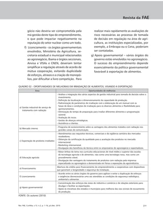 Revista da             FAE


           gócio não deveria ser comprometida pela                                       realizar mais rapidamente as avaliações de
           má gestão deste tipo de empreendimento,                                       risco necessárias ao processo de tomada
           o que pode impactar negativamente na                                          de decisão em regulação na área de agri-
           reputação do setor nuclear como um todo.                                      cultura, as instituições especializadas, por
       f) Licenciamento - os órgãos governamentais                                       exemplo, a Embrapa ou o Cena, poderiam
          envolvidos, Ministério da Agricultura, se-                                     ser contatadas.
          cretaria estadual e municipal relacionados                                  g) Apoio governamental – vários órgãos do
          ao agronegócio, Ibama e órgãos seccionais,                                    governo estão envolvidos no agronegócio.
          Anvisa e VISAs e CNEN, deveriam tentar                                        O sucesso do empreendimento depende
          simplificar a regulação através de acordo de                                  essencialmente da política governamental
          mútua cooperação, evitando duplicidade                                        favorável à exportação de alimentos.
          de esforços, atrasos e a criação de monopó-
          lios, por dificultar a livre competição. Para

QUADRO 02 - OPORTUNIDADES DE MELHORIAS EM IRRADIAÇÃO DE ALIMENTOS, VISANDO A EXPORTAÇÃO
                     Área                                                          Oportunidades de melhorias
                                                  - Análise e integração dos vários aspectos de gestão industrial para tomada de decisão sobre o
                                                    investimento.
                                                  - Definição da localização e dimensionamento da capacidade de produção.
                                                  - Padronização de parâmetros de irradiação com a elaboração de um manual com as
                                                    faixas de dose e condições de irradiação para os diversos alimentos e flexibilidade para
 a) Gestão industrial do serviço de
                                                    aprimoramentos.
    tratamento com radiação
                                                  - Otimização do tempo de preparação para irradiar diferentes alimentos e programação
                                                    sazonal.
                                                  - Avaliação de riscos.
                                                  - Gestão de alianças estratégicas.
                                                  - Assistência a clientes.
                                                  - Programa de esclarecimento sobre as vantagens dos alimentos tratados com radiação nos
 b) Mercado interno
                                                    grandes canais de comunicação.
                                                  - Atendimentos aos requisitos técnicos, comerciais e da vigilância sanitária dos mercados
                                                    recebedores.
                                                  - Obtenção da certificação da qualidade para a aceitação dos produtos no mercado
 c) Exportação de produtos irradiados
                                                    internacional.
                                                  - Marketing internacional.
                                                  - Divulgação dos benefícios da técnica entre os empresários do agronegócio e exportadores.
                                                  - Maior ênfase do tema nos currículos educacionais de nível médio e superior das escolas
                                                    de tecnologia agrícola e de alimentos, não como uma tecnologia nova, mas como um
 d) Educação agrícola                               procedimento viável.
                                                  - Divulgação das vantagens do tratamento de produtos com radiação pela imprensa
                                                    especializada no agronegócio e demonstrada em feiras e exposições da agroindústria.
                                                  Abertura de crédito para financiamento do empreendimento a cooperativas com dispositivos
 e) Financiamento
                                                  que garantam a longevidade e segurança da instalação.
                                                  - Acordo entre os vários órgãos do governo para agilizar e evitar a duplicação de esforços
 f) Licenciamento                                   e exigências desnecessárias uma vez atendidas as condições de segurança radiológica,
                                                    ambiental e alimentar.
                                                  - Concentração dos esforços das áreas de indústria e comércio e de relações exteriores para
                                                    divulgar e facilitar as exportações.
 g) Apoio governamental
                                                  - Apoio às iniciativas dos estados e municípios para melhoria das vias vicinais de escoamento
                                                    da produção.
FONTE: Os autores (2010)



Rev. FAE, Curitiba, v.13, n.2, p. 1-16, jul./dez. 2010                                                                                         |11
 