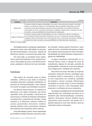 Revista da       FAE


QUADRO 06 - CATEGORIA 4: RESULTADOS DA INTERNACIONALIZAÇÃO DA EMPRESA                                                 Conclusão
         EMPRESA                                                          RESPOSTA
                                A empresa enfrentou algumas dificuldades, tais como: a burocracia para entrada no mercado
                                externo e as diferenças culturais. Em contrapartida obteve resultados satisfatórios, pois com
       Datasul S/A              o processo de internacionalização conquistou diversos benefícios como ganhos financeiros,
                                maior poder de marca, crescimento da empresa, ampliação e abertura para a atuação em novos
                                mercados e novas possibilidades de relacionamentos empresariais.
                        A empresa enfrentou algumas dificuldades tais como: as diferenças culturais e econômicas.
                        Em contrapartida obteve resultados satisfatórios, pois com o processo de internacionalização
 Stefanini IT Solutions
                        conquistou diversos benefícios como maior poder de marca, crescimento da empresa, ampliação
                        e abertura de novos mercados e novas possibilidades de relacionamentos empresariais.
FONTE: Os autores (2008)


     Na categoria quatro, as empresas respondentes                   por exemplo, maiores ganhos financeiros, maior
apontaram como maior dificuldade no processo                         poder de marca, crescimento da empresa, amplia-
de internacionalização a burocracia, seguida de                      ção e abertura para atuação em novos mercados,
diferenças culturais e a economia dos países-alvo.                   possibilidade de relacionamentos empresariais e
     Por outro lado, os resultados foram satisfa-                    ganho de credibilidade.
tórios, pois houve benefícios como: ganhos finan-                         Já alguns benefícios mencionados no re-
ceiros, maior poder de marca, crescimento da em-                     ferencial teórico como a redução de riscos de
presa, ampliação e abertura de novos mercados.                       investimento, disputa de mercado, aumento de
                                                                     produtividade e redução de custos de produção,
                                                                     não configuraram a realidade das empresas.

Conclusão                                                                 Para entrar em novos mercados as empresas
                                                                     analisadas utilizaram diversas estratégias para
                                                                     se destacar frente à concorrência, e, entre elas,
    Pela análise de conteúdo sobre os dados
                                                                     as mais importantes são: eficiência; qualidade
coletados, verificou-se que todas as empresas
                                                                     de produto e serviço; inovação; diferenciação
estudadas obtiveram resultados satisfatórios no
                                                                     de produto ou serviço; preço. A única estratégia
processo de internacionalização e têm interesse
                                                                     verificada na teoria e não empregada pelas
em manter ou ampliar suas atividades no exterior.
                                                                     empresas é a utilização da marca corporativa.
     No decorrer desse processo, as empresas se
                                                                         As empresas estudadas foram mais fortemente
depararam com alguns obstáculos que foram
                                                                     impulsionadas por motivações pró-ativas ao se
superados como, por exemplo, a burocracia em
                                                                     decidirem pela internacionalização, entretanto,
excesso para a entrada de empresas estrangeiras
                                                                     algumas motivações reativas também foram
nos países-alvo, a economia de mercado, a carga
                                                                     importantes neste processo. No quadro 07 é
tributária e as diferenças culturais. Embora os
                                                                     possível observar-se com mais clareza o grau de
autores apresentados mencionem, também,
                                                                     importância dessas motivações.
questões políticas como uma barreira, nenhuma
das empresas teve empecilhos desta natureza.
    Essas dificuldades, porém, foram suplantadas
por benefícios obtidos durante o processo como,

Rev. FAE, Curitiba, v.13, n.2, p. 179-194, jul./dez. 2010                                                                 |191
 