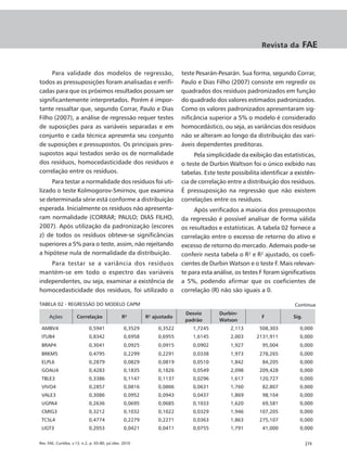 Revista da          FAE


     Para validade dos modelos de regressão,                              teste Pesarán-Pesarán. Sua forma, segundo Corrar,
todos as pressuposições foram analisadas e verifi-                        Paulo e Dias Filho (2007) consiste em regredir os
cadas para que os próximos resultados possam ser                          quadrados dos resíduos padronizados em função
significantemente interpretados. Porém é impor-                           do quadrado dos valores estimados padronizados.
tante ressaltar que, segundo Corrar, Paulo e Dias                         Como os valores padronizados apresentaram sig-
Filho (2007), a análise de regressão requer testes                        nificância superior a 5% o modelo é considerado
de suposições para as variáveis separadas e em                            homocedástico, ou seja, as variâncias dos resíduos
conjunto e cada técnica apresenta seu conjunto                            não se alteram ao longo da distribuição das vari-
de suposições e pressupostos. Os principais pres-                         áveis dependentes preditoras.
supostos aqui testados serão os de normalidade                                 Pela simplicidade da exibição das estatísticas,
dos resíduos, homocedasticidade dos resíduos e                            o teste de Durbin Waltson foi o único exibido nas
correlação entre os resíduos.                                             tabelas. Este teste possibilita identificar a existên-
     Para testar a normalidade dos resíduos foi uti-                      cia de correlação entre a distribuição dos resíduos.
lizado o teste Kolmogorov-Smirnov, que examina                            É pressuposição na regressão que não existem
se determinada série está conforme a distribuição                         correlações entre os resíduos.
esperada. Inicialmente os resíduos não apresenta-                              Após verificados a maioria dos pressupostos
ram normalidade (CORRAR; PAULO; DIAS FILHO,                               da regressão é possível analisar de forma válida
2007). Após utilização da padronização (escores                           os resultados e estatísticas. A tabela 02 fornece a
z) de todos os resíduos obteve-se significâncias                          correlação entre o excesso de retorno do ativo e
superiores a 5% para o teste, assim, não rejeitando                       excesso de retorno do mercado. Ademais pode-se
a hipótese nula de normalidade da distribuição.                           conferir nesta tabela o R² e R² ajustado, os coefi-
    Para testar se a variância dos resíduos                               cientes de Durbin Watson e o teste F. Mais relevan-
mantém-se em todo o espectro das variáveis                                te para esta análise, os testes F foram significativos
independentes, ou seja, examinar a existência de                          a 5%, podendo afirmar que os coeficientes de
homocedasticidade dos resíduos, foi utilizado o                           correlação (R) não são iguais a 0.

TABELA 02 - REGRESSÃO DO MODELO CAPM                                                                                   Continua
                                                                           Desvio        Durbin-
     Ações            Correlação                 R²         R² ajustado                                   F            Sig.
                                                                           padrão        Watson
 AMBV4                        0,5941               0,3529        0,3522       1,7245         2,113       508,303         0,000
 ITUB4                        0,8342               0,6958        0,6955       1,6145         2,003      2131,911         0,000
 BRAP4                        0,3041               0,0925        0,0915       0,0902         1,927        95,004         0,000
 BRKM5                        0,4795               0,2299        0,2291       0,0338         1,973       278,265         0,000
 ELPL6                        0,2879               0,0829        0,0819       0,0510         1,842        84,205         0,000
 GOAU4                        0,4283               0,1835        0,1826       0,0549         2,098       209,428         0,000
 TBLE3                        0,3386               0,1147        0,1137       0,0296         1,617       120,727         0,000
 VIVO4                        0,2857               0,0816        0,0806       0,0631         1,760        82,807         0,000
 VALE3                        0,3086               0,0952        0,0943       0,0437         1,869        98,104         0,000
 UGPA4                        0,2636               0,0695        0,0685       0,1033         1,620        69,581         0,000
 CMIG3                        0,3212               0,1032        0,1022       0,0329         1,946       107,205         0,000
 TCSL4                        0,4774               0,2279        0,2271       0,0363         1,863       275,107         0,000
 LIGT3                        0,2053               0,0421        0,0411       0,0755         1,791        41,000         0,000

Rev. FAE, Curitiba, v.13, n.2, p. 65-80, jul./dez. 2010                                                                       |73
 
