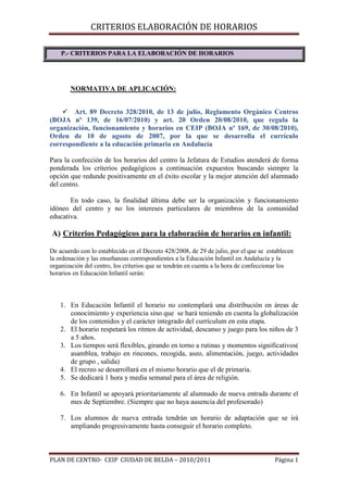 CRITERIOS ELABORACIÓN DE HORARIOS

P.- CRITERIOS PARA LA ELABORACIÓN DE HORARIOS

NORMATIVA DE APLICACIÓN:
 Art. 89 Decreto 328/2010, de 13 de julio, Reglamento Orgánico Centros
(BOJA nº 139, de 16/07/2010) y art. 20 Orden 20/08/2010, que regula la
organización, funcionamiento y horarios en CEIP (BOJA nº 169, de 30/08/2010),
Orden de 10 de agosto de 2007, por la que se desarrolla el currículo
correspondiente a la educación primaria en Andalucía
Para la confección de los horarios del centro la Jefatura de Estudios atenderá de forma
ponderada los criterios pedagógicos a continuación expuestos buscando siempre la
opción que redunde positivamente en el éxito escolar y la mejor atención del alumnado
del centro.
En todo caso, la finalidad última debe ser la organización y funcionamiento
idóneo del centro y no los intereses particulares de miembros de la comunidad
educativa.

A) Criterios Pedagógicos para la elaboración de horarios en infantil:
De acuerdo con lo establecido en el Decreto 428/2008, de 29 de julio, por el que se establecen
la ordenación y las enseñanzas correspondientes a la Educación Infantil en Andalucía y la
organización del centro, los criterios que se tendrán en cuenta a la hora de confeccionar los
horarios en Educación Infantil serán:

1. En Educación Infantil el horario no contemplará una distribución en áreas de
conocimiento y experiencia sino que se hará teniendo en cuenta la globalización
de los contenidos y el carácter integrado del currículum en esta etapa.
2. El horario respetará los ritmos de actividad, descanso y juego para los niños de 3
a 5 años.
3. Los tiempos será flexibles, girando en torno a rutinas y momentos significativos(
asamblea, trabajo en rincones, recogida, aseo, alimentación, juego, actividades
de grupo , salida)
4. El recreo se desarrollará en el mismo horario que el de primaria.
5. Se dedicará 1 hora y media semanal para el área de religión.
6. En Infantil se apoyará prioritariamente al alumnado de nueva entrada durante el
mes de Septiembre. (Siempre que no haya ausencia del profesorado)
7. Los alumnos de nueva entrada tendrán un horario de adaptación que se irá
ampliando progresivamente hasta conseguir el horario completo.
PLAN DE CENTRO- CEIP CIUDAD DE BELDA – 2010/2011

Página 1

 