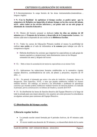 CRITERIOS ELABORACIÓN DE HORARIOS

8.-Incrementaremos la carga horaria de las áreas instrumentales.(matemáticas ,
lengua e inglés)
9.- Con la finalidad de optimizar el tiempo escolar, se podrá optar que la
asignatura de Religión sea impartida al mismo tiempo en los dos cursos del mismo
nivel , sobre todos en los niveles inferiores y así poder unir en un solo grupo al
alumnado de Atención Educativa
10.- Dentro del horario semanal se dedicará todos los días un mínimo de 60
minutos para el Fomento de la lectura y desarrollo de la Comprensión Lectora. Así
mismo cada tutor/a dispondrá de una sesión en la Biblioteca Escolar.
11.- Todos los cursos de Educación Primaria tendrán al menos la posibilidad de
realizar una sesión en el aula de informática a la semana para trabajar con ello la
competencia digital.
Deberán distribuirse las sesiones que imparten los especialistas en cada grupo de
manera equitativa y proporcional, tanto diariamente como en los bloques
semanales de antes y después del recreo.
12.- Debe evitarse la acumulación de tutores/as especialistas en un mismo Ciclo
13.- Aplicaremos las reducciones horarias establecidas en la normativa vigente
(equipo directivo, coordinadores/as de ciclo, de planes y proyectos, mayores de 55
años…).
14.- . En general, el alumnado que asiste a las aulas de Audición y Lenguaje, Apoyo a la
Integración, Aula Especifica, ATAL, u otras que puedan establecerse tendrán los mismos
módulos horarios. Sin embargo, en atención a las dificultades o problemas de aprendizaje
concretos que atiendan podrán establecerse módulos horarios de duración distinta a la indicada
al principio, previa comunicación a la Jefatura de Estudios y acuerdo del ETCP.

15.- Se distribuirán las horas de función directiva del Equipo Directivo a lo largo de
toda la jornada para una mejor atención a los usuarios así como procurar la coincidencia
en algunas sesiones para reuniones del Equipo Directivo.

C) Distribución del tiempo escolar.
1.Horario regular lectivo
•
•

La jornada escolar estará formada por 6 periodos lectivos, de 45 minutos cada
uno
El recreo tendrá una duración de 30 minutos y se desarrollará detrás de la cuarta

PLAN DE CENTRO- CEIP CIUDAD DE BELDA – 2010/2011

Página 5

 