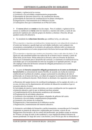 CRITERIOS ELABORACIÓN DE HORARIOS

d) Cuidado y vigilancia de los recreos.
e) Asistencia a las actividades complementarias programadas.
f) Desempeño de funciones directivas o de coordinación docente.
g) Desempeño de funciones de coordinación de los planes estratégicos.
h) Organización y funcionamiento de la biblioteca escolar.
i) Cualesquiera otras que se determinen en el Plan de Centro.

El recreo deberá ser común en las dos etapas . Para el cuidado y vigilancia de los
recreos se establecerá un turno entre los maestros y maestras del centro, a razón de una
persona de vigilancia por cada dos grupos de alumnos y alumnas o fracción, del que
quedará exento el/la director/a.

Se atenderán las reducciones horarias que establece la ley, en cada caso.
 Los maestros y maestras con dedicación a tiempo parcial o con reducción de jornada en
el centro por lactancia o guarda legal, por actividades sindicales o por cualquier otra
circunstancia contemplada en la normativa de aplicación, deberán cubrir un número de
horas de permanencia en el centro proporcional al de horas lectivas que deban impartir.
 Los maestros y maestras que cuenten con cincuenta y cinco o más años de edad a 31 de
agosto de cada anualidad tendrán una reducción de su horario lectivo semanal, a partir de
dicha fecha, de dos horas. Dicha reducción se llevará a cabo en el horario de docencia
directa con el alumnado para el desarrollo del currículo y se destinará a la realización de las
actividades que se le encomienden de entre las recogidas en el apartado próximo, sin que
ello implique reducción del horario semanal de obligada permanencia en el centro
establecido en treinta horas.
La parte del horario semanal de obligada permanencia en el centro no destinado a
horario lectivo se estructurará de manera flexible, de acuerdo con el plan de reuniones
establecido por la jefatura de estudios, aunque se procurará la coincidencia de todo el
profesorado, en al menos dos horas, con objeto de asegurar la coordinación de los distintos
órganos de coordinación docente. Dicho horario se destinará a las siguientes actividades:
a) Reuniones del equipo técnico de coordinación pedagógica, de los equipos de ciclo y, en
su caso, de éstos con los departamentos del instituto de educación secundaria al que se
encuentre adscrito el centro.
b) Actividades de tutoría y tutoría electrónica, así como coordinación con los equipos de
orientación educativa, para lo que se dedicará una hora semanal.
c) Cumplimentación de los documentos académicos del alumnado.
d) Programación de actividades educativas.
e) Asistencia a las reuniones de los órganos colegiados de gobierno del centro.
f) Asistencia a las actividades complementarias programadas.
g) Asistencia a las sesiones de evaluación.
h) Organización y funcionamiento de la biblioteca escolar.
i) Organización y mantenimiento del material educativo.
j) Asistencia a actividades de formación y perfeccionamiento, reconocidas por la Consejería
competente en materia de educación u organizadas por la misma, a través de sus
Delegaciones Provinciales o de los centros del profesorado, que podrán ocupar un máximo
de 70 horas a lo largo de todo el año académico y cuya imputación deberá realizarse de
manera ponderada a lo largo del curso a este horario, con el fin de que ello no obstaculice el

PLAN DE CENTRO- CEIP CIUDAD DE BELDA – 2010/2011

Página 7

 