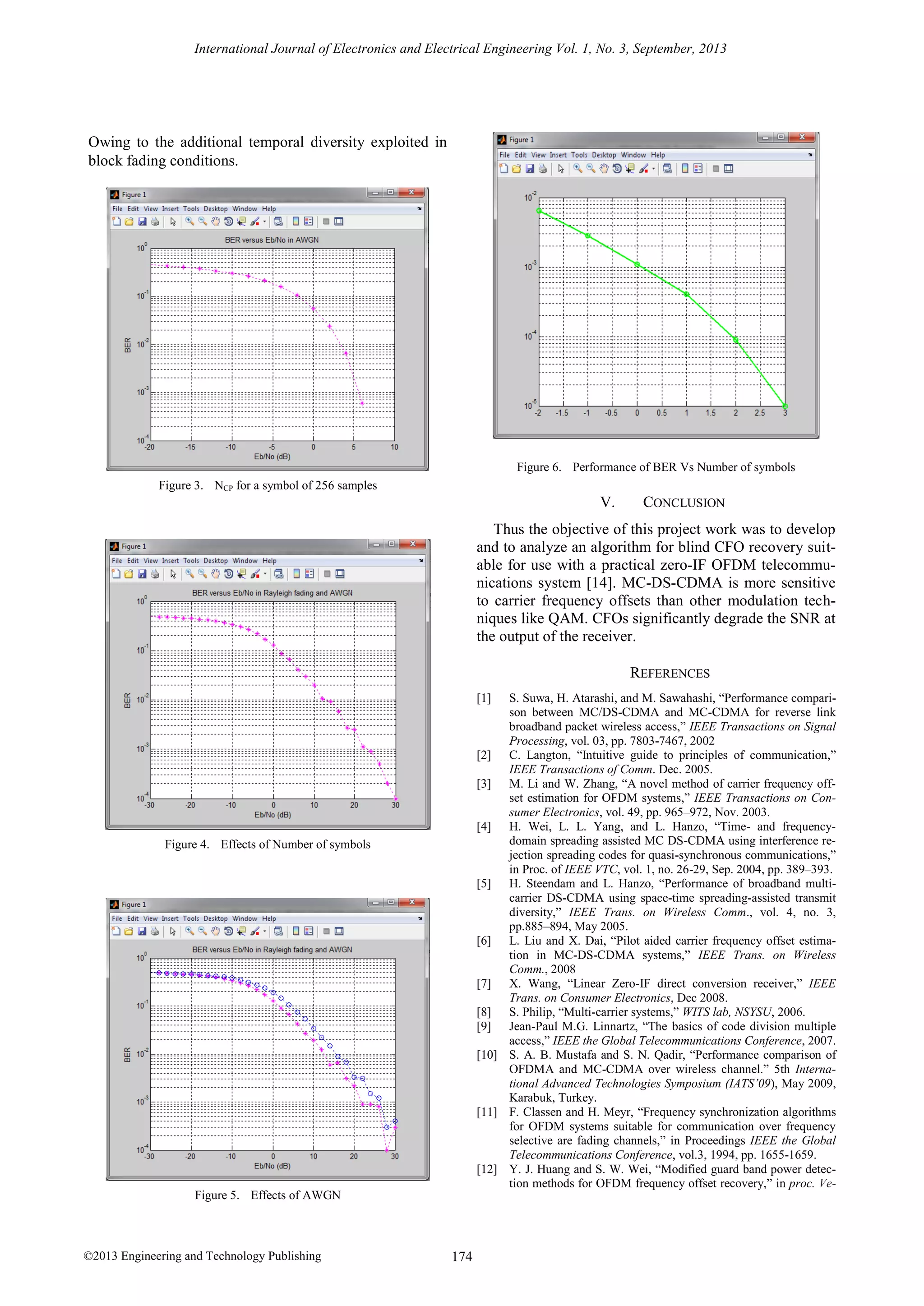 International Journal of Electronics and Electrical Engineering Vol. 1, No. 3, September, 2013

Owing to the additional temporal diversity exploited in
block fading conditions.

Figure 6. Performance of BER Vs Number of symbols
Figure 3. NCP for a symbol of 256 samples

V.

CONCLUSION

Thus the objective of this project work was to develop
and to analyze an algorithm for blind CFO recovery suitable for use with a practical zero-IF OFDM telecommunications system [14]. MC-DS-CDMA is more sensitive
to carrier frequency offsets than other modulation techniques like QAM. CFOs significantly degrade the SNR at
the output of the receiver.
REFERENCES
S. Suwa, H. Atarashi, and M. Sawahashi, “Performance comparison between MC/DS-CDMA and MC-CDMA for reverse link
broadband packet wireless access,” IEEE Transactions on Signal
Processing, vol. 03, pp. 7803-7467, 2002
[2] C. Langton, “Intuitive guide to principles of communication,”
IEEE Transactions of Comm. Dec. 2005.
[3] M. Li and W. Zhang, “A novel method of carrier frequency offset estimation for OFDM systems,” IEEE Transactions on Consumer Electronics, vol. 49, pp. 965–972, Nov. 2003.
[4] H. Wei, L. L. Yang, and L. Hanzo, “Time- and frequencydomain spreading assisted MC DS-CDMA using interference rejection spreading codes for quasi-synchronous communications,”
in Proc. of IEEE VTC, vol. 1, no. 26-29, Sep. 2004, pp. 389–393.
[5] H. Steendam and L. Hanzo, “Performance of broadband multicarrier DS-CDMA using space-time spreading-assisted transmit
diversity,” IEEE Trans. on Wireless Comm., vol. 4, no. 3,
pp.885–894, May 2005.
[6] L. Liu and X. Dai, “Pilot aided carrier frequency offset estimation in MC-DS-CDMA systems,” IEEE Trans. on Wireless
Comm., 2008
[7] X. Wang, “Linear Zero-IF direct conversion receiver,” IEEE
Trans. on Consumer Electronics, Dec 2008.
[8] S. Philip, “Multi-carrier systems,” WITS lab, NSYSU, 2006.
[9] Jean-Paul M.G. Linnartz, “The basics of code division multiple
access,” IEEE the Global Telecommunications Conference, 2007.
[10] S. A. B. Mustafa and S. N. Qadir, “Performance comparison of
OFDMA and MC-CDMA over wireless channel.” 5th International Advanced Technologies Symposium (IATS’09), May 2009,
Karabuk, Turkey.
[11] F. Classen and H. Meyr, “Frequency synchronization algorithms
for OFDM systems suitable for communication over frequency
selective are fading channels,” in Proceedings IEEE the Global
Telecommunications Conference, vol.3, 1994, pp. 1655-1659.
[12] Y. J. Huang and S. W. Wei, “Modified guard band power detection methods for OFDM frequency offset recovery,” in proc. Ve-

[1]

Figure 4. Effects of Number of symbols

Figure 5. Effects of AWGN

©2013 Engineering and Technology Publishing

174

 