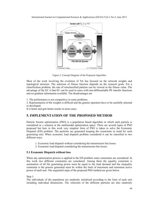 International Journal on Computational Sciences & Applications (IJCSA) Vol.3, No.3, June 2013

Figure 2. Concept Diagram of the Proposed Algorithm

Most of the work involving the evolution of SA has focused on the network weights and
topological structure. The selection of fitness function depends on the research goals. For a
classification problem, the rate of misclassified patterns can be viewed as the fitness value. The
advantage of the EC is that EC can be used in cases with non-differentiable PE transfer functions
and no gradient information available. The disadvantages are
1. The performance is not competitive in some problems.
2. Representation of the weights is difficult and the genetic operators have to be carefully selected
or developed.
It is faster and gets better results in most cases.

5. IMPLEMENTATION OF THE PROPOSED METHOD
Particle Swarm optimization (PSO) is a population based algorithm in which each particle is
considered as s solution in the multimodal optimization space. There are several types of PSO
proposed but here in this work very simplest form of PSO is taken to solve the Economic
Dispatch (ED) problem. The particles are generated keeping the constraints in mind for each
generating unit. When economic load dispatch problem considered it can be classified in two
different ways.
1. Economic load dispatch without considering the transmission line losses
2. Economic load dispatch considering the transmission line losses.

5.1 Economic Dispatch without loss
When any optimization process is applied to the ED problem some constraints are considered. In
this work two different constraints are considered. Among them the equality constraint is
summation of all the generating power must be equal to the load demand and the inequality
constraint is the powers generated must be within the limit of maximum and minimum active
power of each unit. The sequential steps of the proposed PSO method are given below.
Step 1:
The individuals of the population are randomly initialized according to the limit of each unit
including individual dimensions. The velocities of the different particles are also randomly
44

 