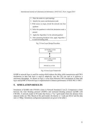 International Journal on Cybernetics & Informatics ( IJCI) Vol.2, No.4, August 2013

1: Place the nodes in a grid topology
2: Identify the source and destination node
3: With source as origin, divide the network into four
quadrant
4: Select the quadrant in which the destination node is
present
5: Apply the Algorithm 2 to the selected quadrant
6: After estimating broadcast route, apply Algorithm 1
to each forwarding node.
Fig. 5 Cross Layer Design Procedure

NETWORK LAYER
(Q-DIR)

DATA LINK LAYER
(CWAM)

PHYSICAL LAYER

Fig. 6 Cross Layer Framework

Q-DIR in network layer is used for routing which reduces the delay while transmission and CWA
mechanism in data link layer is used to adaptively vary the CW size and so it achieves a
maximum throughput. As shown in Fig.6, a cross layer between CWA mechanism of Data link
layer and Q-DIR of Network layer is implemented to enhance performance of IEEE 802.11 DCF.

5. SIMULATION RESULTS
Simulation of Q-DIR with CWAM is done in Network Simulator-2 (ns-2). Comparison is done
between the total flooding protocol (AODV) and restricted flooding protocol (Q-DIR with
CWAM). A network model of 49 nodes that forms a 7 by 7 grid model where the distance from
adjacent nodes are 30m. Based on this grid model, the density is 1 node per 661m2 and the data
rate is 2 Mbps. Simulation configuration parameters are given in the table I.

33

 