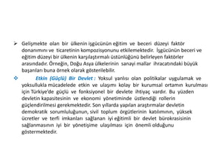  Gelişmekte olan bir ülkenin işgücünün eğitim ve beceri düzeyi faktör
donanımını ve ticaretinin kompozisyonunu etkilemektedir. İşgücünün beceri ve
eğitim düzeyi bir ülkenin karşılaştırmalı üstünlüğünü belirleyen faktörler
arasındadır. Örneğin, Doğu Asya ülkelerinin sanayi mallar ihracatındaki büyük
başarıları buna örnek olarak gösterilebilir.

Etkin (Güçlü) Bir Devlet : Yoksul yanlısı olan politikalar uygulamak ve
yoksullukla mücadelede etkin ve ulaşımı kolay bir kurumsal ortamın kurulması
için Türkiye’de güçlü ve fonksiyonel bir devlete ihtiyaç vardır. Bu yüzden
devletin kapasitesinin ve ekonomi yönetiminde üstlendiği rollerin
güçlendirilmesi gerekmektedir. Son yıllarda yapılan araştırmalar devletin
demokratik sorumluluğunun, sivil toplum örgütlerinin katılımının, yüksek
ücretler ve terfi imkanları sağlanan iyi eğitimli bir devlet bürokrasisinin
sağlanmasının iyi bir yönetişime ulaşılması için önemli olduğunu
göstermektedir.

 
