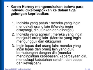 5 - 10
• Karen Horney mengemukakan bahwa para
individu dikelompokkan ke dalam tiga
golongan kepribadian:
1. Individu yang patuh : mereka yang ingin
mendekati orang lain (Mereka ingin
disayangi, dibutuhkan dan dihargai)
2. Individu yang agresif : mereka yang ingin
menjauhi orang lain (Mereka yang ingin
mengungguli dan dikagumi)
3. Ingin lepas dari orang lain: mereka yang
ingin lepas dari orang lain yang dulu
berhubungan dengan dia (mereka
menginginkan kebebasan, kepercayaan diri,
mencukupi kebutuhan sendiri, dan bebas
dari kewajiban)
Copyright 2007 by Prentice Hall
 