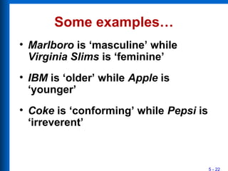 5 - 22
Some examples…
• Marlboro is ‘masculine’ while
Virginia Slims is ‘feminine’
• IBM is ‘older’ while Apple is
‘younger’
• Coke is ‘conforming’ while Pepsi is
‘irreverent’
 
