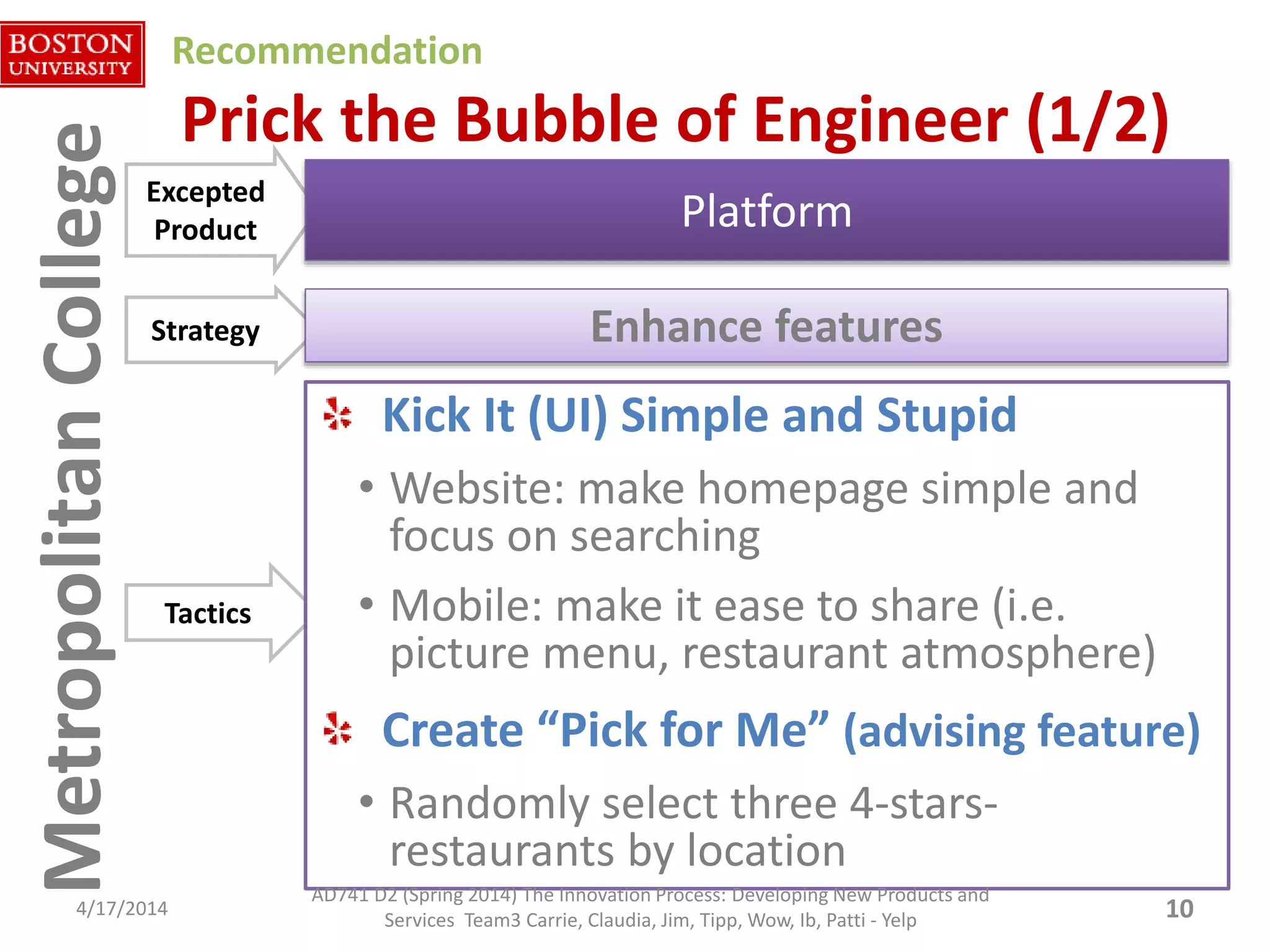 MetropolitanCollegeMetropolitanCollege Prick the Bubble of Engineer (1/2)
4/17/2014 10
Tactics
Kick It (UI) Simple and Stupid
• Website: make homepage simple and
focus on searching
• Mobile: make it ease to share (i.e.
picture menu, restaurant atmosphere)
Create “Pick for Me” (advising feature)
• Randomly select three 4-stars-
restaurants by location
Excepted
Product Platform
Strategy Enhance features
AD741 D2 (Spring 2014) The Innovation Process: Developing New Products and
Services Team3 Carrie, Claudia, Jim, Tipp, Wow, Ib, Patti - Yelp
Recommendation
 