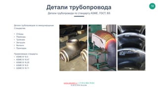 12
www.astutek.ru | +7 812 954 78 63
© 2015 ООО Астутек.
Детали трубопроводов по международным
Стандартам
• Отводы
• Переходы
• Тройники
• Заглушки
• Фитинги
• Прокладки
Применяемые стандарты:
• ASME B 16.5
• ASME B 16.47
• ASME B 16.20
• ASME B 16.9
• ASME B 16.11
Детали трубопровода
Детали трубопровода по стандарту ASME, ГОСТ, BS
 