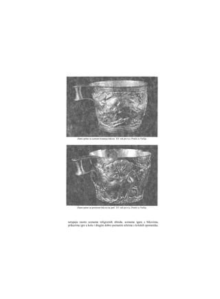 ustupaju raesto scenama religioznih obreda, scenama igara s bikovima,
prikazima igre u kolu i drugim dobro poznatim sižeima s kritskih spomenika.
Zlatni pehar sa scenom hvatanja bikova. XV vek pre n.e. Potiče iz Vafija.
Zlatni pehar sa prizorom bikova na paši. XV vek pre n.e. Potiče iz Vafija.
 