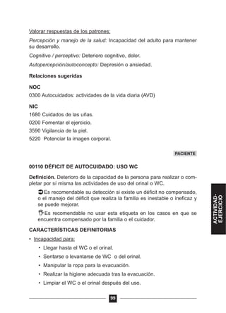 Valorar respuestas de los patrones:
Percepción y manejo de la salud: Incapacidad del adulto para mantener
su desarrollo.
Cognitivo / perceptivo: Deterioro cognitivo, dolor.
Autopercepción/autoconcepto: Depresión o ansiedad.
Relaciones sugeridas
NOC
0300 Autocuidados: actividades de la vida diaria (AVD)
NIC
1680 Cuidados de las uñas.
0200 Fomentar el ejercicio.
3590 Vigilancia de la piel.
5220 Potenciar la imagen corporal.
00110 DÉFICIT DE AUTOCUIDADO: USO WC
Definición. Deterioro de la capacidad de la persona para realizar o com-
pletar por sí misma las actividades de uso del orinal o WC.
Es recomendable su detección si existe un déficit no compensado,
o el manejo del déficit que realiza la familia es inestable o ineficaz y
se puede mejorar.
Es recomendable no usar esta etiqueta en los casos en que se
encuentra compensado por la familia o el cuidador.
CARACTERÍSTICAS DEFINITORIAS
• Incapacidad para:
• Llegar hasta el WC o el orinal.
• Sentarse o levantarse de WC o del orinal.
• Manipular la ropa para la evacuación.
• Realizar la higiene adecuada tras la evacuación.
• Limpiar el WC o el orinal después del uso.
99
PACIENTE
ACTIVIDAD-
EJERCICIO
 