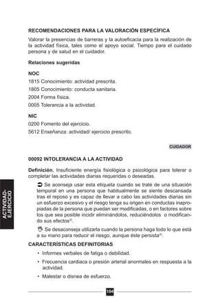 RECOMENDACIONES PARA LA VALORACIÓN ESPECÍFICA
Valorar la presencias de barreras y la autoeficacia para la realización de
la actividad física, tales como el apoyo social. Tiempo para el cuidado
persona y de salud en el cuidador.
Relaciones sugeridas
NOC
1815 Conocimiento: actividad prescrita.
1805 Conocimiento: conducta sanitaria.
2004 Forma física.
0005 Tolerancia a la actividad.
NIC
0200 Fomento del ejercicio.
5612 Enseñanza: actividad/ ejercicio prescrito.
00092 INTOLERANCIA A LA ACTIVIDAD
Definición. Insuficiente energía fisiológica o psicológica para tolerar o
completar las actividades diarias requeridas o deseadas.
Se aconseja usar esta etiqueta cuando se trate de una situación
temporal en una persona que habitualmente se siente descansada
tras el reposo y es capaz de llevar a cabo las actividades diarias sin
un esfuerzo excesivo y el riesgo tenga su origen en conductas inapro-
piadas de la persona que puedan ser modificadas, o en factores sobre
los que sea posible incidir eliminándolos, reduciéndolos o modifican-
do sus efectos20
.
Se desaconseja utilizarla cuando la persona haga todo lo que está
a su mano para reducir el riesgo, aunque éste persista20
.
CARACTERÍSTICAS DEFINITORIAS
• Informes verbales de fatiga o debilidad.
• Frecuencia cardiaca o presión arterial anormales en respuesta a la
actividad.
• Malestar o disnea de esfuerzo.
104
CUIDADOR
ACTIVIDAD-
EJERCICIO
 