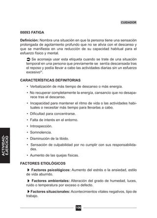 00093 FATIGA
Definición: Nombra una situación en que la persona tiene una sensación
prolongada de agotamiento profundo que no se alivia con el descanso y
que se manifiesta en una reducción de su capacidad habitual para el
esfuerzo físico y mental.
Se aconseja usar esta etiqueta cuando se trate de una situación
temporal en una persona que previamente se sentía descansada tras
el reposo y podía llevar a cabo las actividades diarias sin un esfuerzo
excesivo20
.
CARACTERÍSTICAS DEFINITORIAS
• Verbalización de más tiempo de descanso o más energía.
• No recuperar completamente la energía, cansancio que no desapa-
rece tras el descanso.
• Incapacidad para mantener el ritmo de vida o las actividades habi-
tuales o necesitar más tiempo para llevarlas a cabo.
• Dificultad para concentrarse.
• Falta de interés en el entorno.
• Introspección.
• Somnolencia.
• Disminución de la libido.
• Sensación de culpabilidad por no cumplir con sus responsabilida-
des.
• Aumento de las quejas físicas.
FACTORES ETIOLÓGICOS
Factores psicológicos: Aumento del estrés o la ansiedad, estilo
de vida aburrido.
Factores ambientales: Alteración del grado de humedad, luces,
ruido o temperatura por exceso o defecto.
Factores situacionales: Acontecimientos vitales negativos, tipo de
trabajo.
106
CUIDADOR
ACTIVIDAD-
EJERCICIO
 