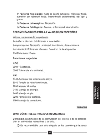 Factores fisiológicos: Falta de sueño suficiente, mal estar físico,
aumento del ejercicio físico, desnutrición dependiendo del tipo y
grado.
Factores psicológicos: Depresión.
Factores fisiológicos: Anemia, enfermedad, desnutrición.
RECOMENDACIONES PARA LA VALORACIÓN ESPECÍFICA
Valorar respuestas de los patrones
Actividad – ejercicio: Intolerancia a la actividad.
Autopercepción: Depresión, ansiedad, impotencia, desesperanza.
Afrontamiento/Tolerancia al estrés: Deterioro de la adaptación.
Rol/Relaciones: Duelo.
Relaciones sugeridas
NOC
0001 Resistencia.
0005 Tolerancia a la actividad.
NIC
5440 Aumentar los sistemas de apoyo.
6040 Terapia de relajación simple.
1850 Mejorar el sueño.
0180 Manejo de energía.
1480 Masaje simple.
0200 Fomento del ejercicio.
1100 Manejo de la nutrición.
00097 DÉFICIT DE ACTIVIDADES RECREATIVAS
Definición. Disminución de la estimulación del interés o de la participa-
ción en actividades recreativas o de ocio.
Es recomendable usar esta etiqueta en los caso en que la perso-
107
CUIDADOR
ACTIVIDAD-
EJERCICIO
 