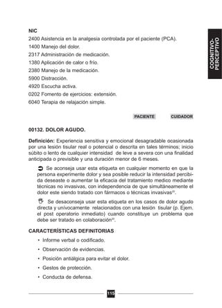 NIC
2400 Asistencia en la analgesia controlada por el paciente (PCA).
1400 Manejo del dolor.
2317 Administración de medicación.
1380 Aplicación de calor o frío.
2380 Manejo de la medicación.
5900 Distracción.
4920 Escucha activa.
0202 Fomento de ejercicios: extensión.
6040 Terapia de relajación simple.
00132. DOLOR AGUDO.
Definición: Experiencia sensitiva y emocional desagradable ocasionada
por una lesión tisular real o potencial o descrita en tales términos; inicio
súbito o lento de cualquier intensidad de leve a severa con una finalidad
anticipada o previsible y una duración menor de 6 meses.
Se aconseja usar esta etiqueta en cualquier momento en que la
persona experimente dolor y sea posible reducir la intensidad percibi-
da deseaste o aumentar la eficacia del tratamiento medico mediante
técnicas no invasivas, con independencia de que simultáneamente el
dolor este siendo tratado con fármacos o técnicas invasivas20
.
Se desaconseja usar esta etiqueta en los casos de dolor agudo
directa y unívocamente relacionados con una lesión tisular (p. Ejem.
el post operatorio inmediato) cuando constituye un problema que
debe ser tratado en colaboración20
.
CARACTERÍSTICAS DEFINITORIAS
• Informe verbal o codificado.
• Observación de evidencias.
• Posición antiálgica para evitar el dolor.
• Gestos de protección.
• Conducta de defensa.
115
PACIENTE CUIDADOR
COGNITIVO-
PERCEPTIVO
 